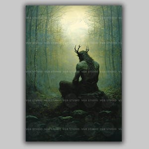 Cernunnos Forest God of Wild Nature Print, Pagan Gods, Celtic Druid Mythology Wall Art, Nature Deity Gaelic Gods Altar Artwork Painting AA55