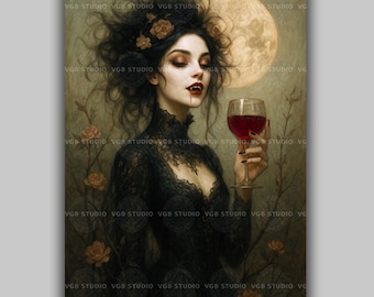 Vampire Woman Wall Art Print, Gothic Moon Portrait, Dark Feminine Decor, Victorian Horror Poster, Romantic Vampire Art For Bedroom AF95