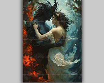 Persephone Wall Art Print, Hades Underworld King Painting, Horned Gothic Fantasy Poster, Dark Romance Decor, Greek Mythology Gift k57
