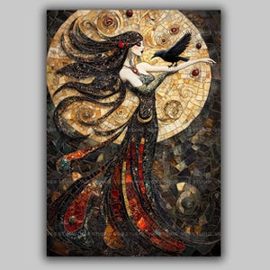 The Morrigan Celtic Goddess Mosaic Art Print, Witchy Mythical Raven Illustration, Dark Art Nouveau Decor, Irish Mythology Wall Art y57