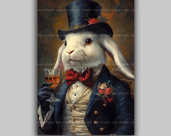 Victorian Rabbit Gent Top Hat Fancy Drink Portrait Painting Print