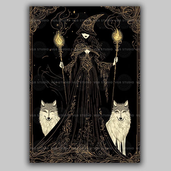 Hecate Art Print, Veiled Greek Goddess with Twin Torches and White Wolves, Gold Linework on Black, Crescent Moon Occult Decor AE17