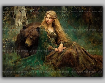 Artio Keltische godin van het wild en beren Art Print mythologie bosbeschermer vrouw in groene jurk beer fantasie natuur illustratie AF61