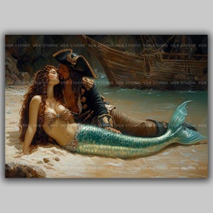 Pirate Mermaid Art Print Romantic Fantasy Ocean Couple Nautical Decor Enchanted Beach Mermaid Wall Art Siren Love Story Painting y87