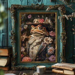 Frog Gentleman Wall Art Print, Victorian Toad In Top Hat, Floral Whimsical Animal Portrait, Dapper Cottagecore Decor, Dark Academia Gift P62 image 4