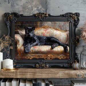 Schwarzer Panther Kunstdruck Viktorianischen Sofa Tierportrait Wunderlich Katze Dekor Galerie Wand Maximalist Katze Malerei Vintage Geschenk AH18 Bild 3