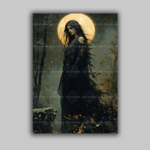 Nicnevin Scottish Goddess of Night and Witchcraft Wall Art Print Dark Celtic Folklore Moonlit Forest Fantasy Illustration u72