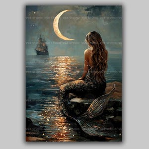 Mermaid Moonlight Art Print Dreamy Ocean Fantasy Wall Decor Crescent Moon and Ship Mystical Sea Siren Coastal Romantic Night Scene AF74