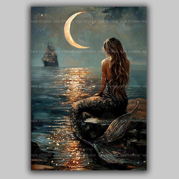Mermaid and Crescent Moon Art Print, Moonlit Sea with Distant Ship, Dark Fantasy Ocean Wall Decor, Coastal Nautical Gift AF74