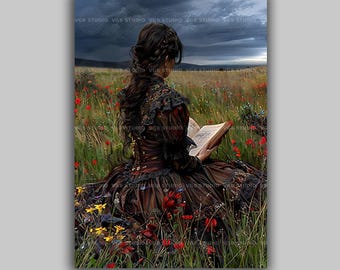 Woman Reading Wall Art, Bookish Home Decor, Victorian Wildflower Field Painting, Dark Academia Poster, Moody Cottagecore Gothic Print r69