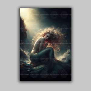 Mermaid Wall Moody Ocean Fantasy Decor Curled Siren Print Ethereal Sea Creature Illustration Sunlit Waves Fine Art Gift Mystical Home H44