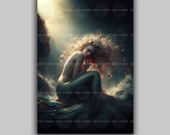 Mermaid Wall Moody Ocean Fantasy Decor Curled Siren Print Ethereal Sea Creature Illustration Sunlit Waves Fine Art Gift Mystical Home H44