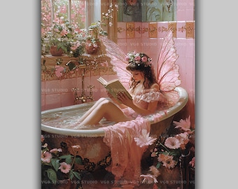 Lámina decorativa de pared con hadas leyendo en la bañera, estilo vintage, para baño, con temática cottagecore, amantes de los libros, corona de rosas y alas de mariposa, tocador Z44