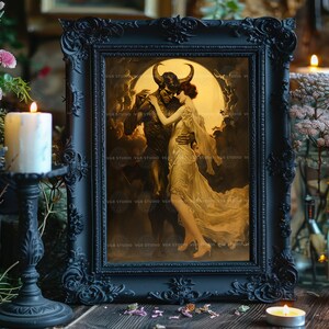 Impresión artística de fantasía oscura de demonio y mujer, romance gótico, mitología surrealista, obra de arte, luna encantada, baile nocturno, amantes del ocultismo, decoración de pared D25A imagen 5