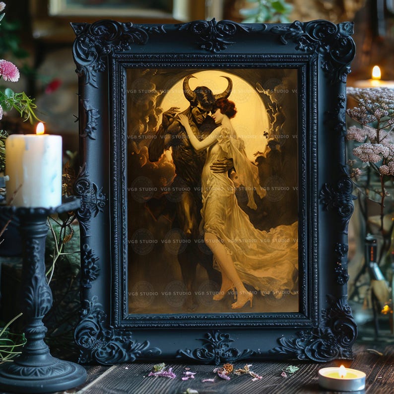 Impresión artística de fantasía oscura de demonio y mujer, romance gótico, mitología surrealista, obra de arte, luna encantada, baile nocturno, amantes del ocultismo, decoración de pared D25A imagen 5