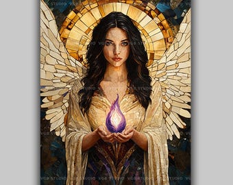 Guardian Angel Christian Wall Art, Byzantine Mosaic Icon Print, Violet Flame Painting, Prayer Room Spiritual Poster, Faith Based Decor AL60