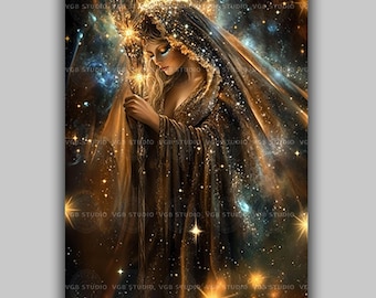 Nyx Greek Goddess Of Night Cosmic Mythology Art Celestial Fantasy Goddess Artwork Starry Ethereal Witchy Aesthetic Dark Cosmic Print AD29