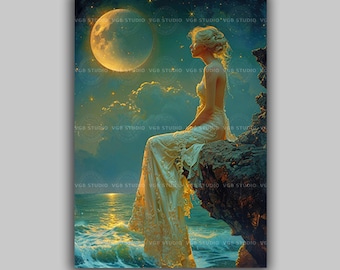 Woman Moon Gazing Wall Art Print Full Moon Over Ocean Starry Night Celestial Coastal Romantic Sea Cliff Fantasy Bedroom Decor P76