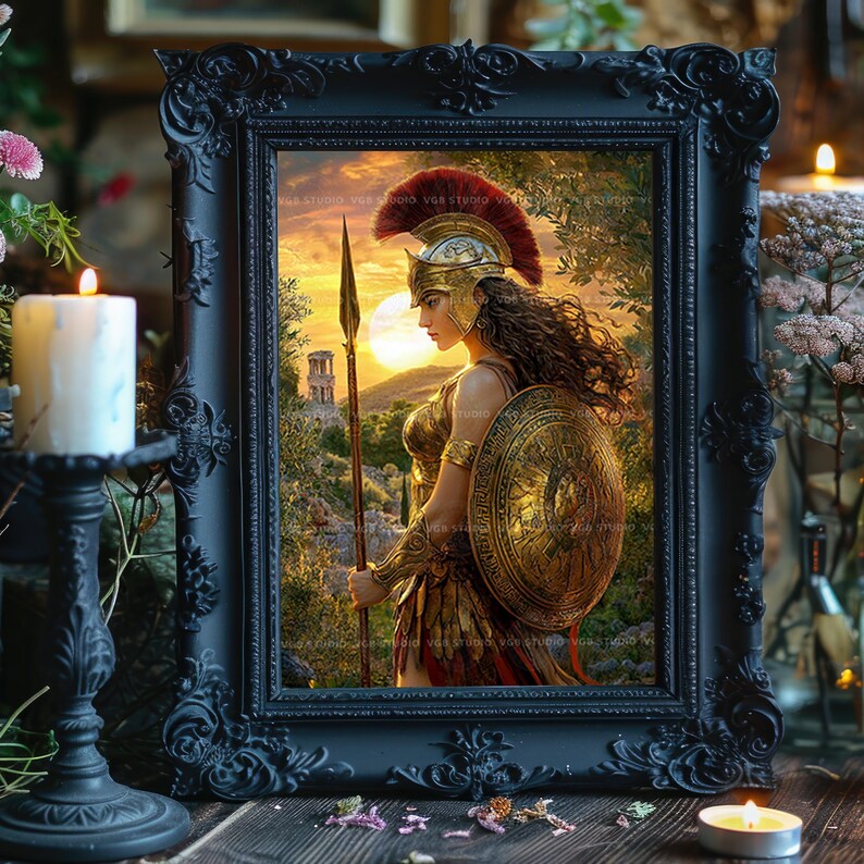 Athena Minerva Goddess Art Print Warrior Goddess Greek Mythology Wall Decor Golden Armor Shield Spear Wisdom Greek Decor Feminine Gift z21 image 6