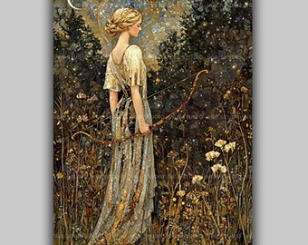 Artemis Wall Art Print, Greek Moon Goddess Painting, Huntress Bow Mosaic Poster, Forest Wiccan Altar Decor, Celestial Divine Feminine AG41