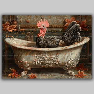 Turkey Art Print Autumn Bathroom Decor Whimsical Animal Bathtub Scene Vintage Style Country Farmhouse Thanksgiving Playful Wall Art w95