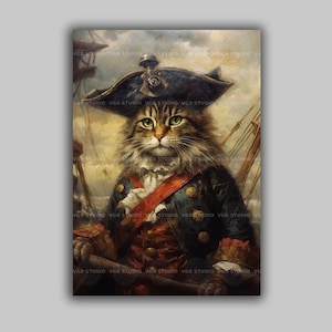 Pirate Cat Art Print Nautical Animal Portrait Tabby Captain Wall Decor Whimsical Sea Gift Vintage Maritime Ocean Adventure Funny Pet D11