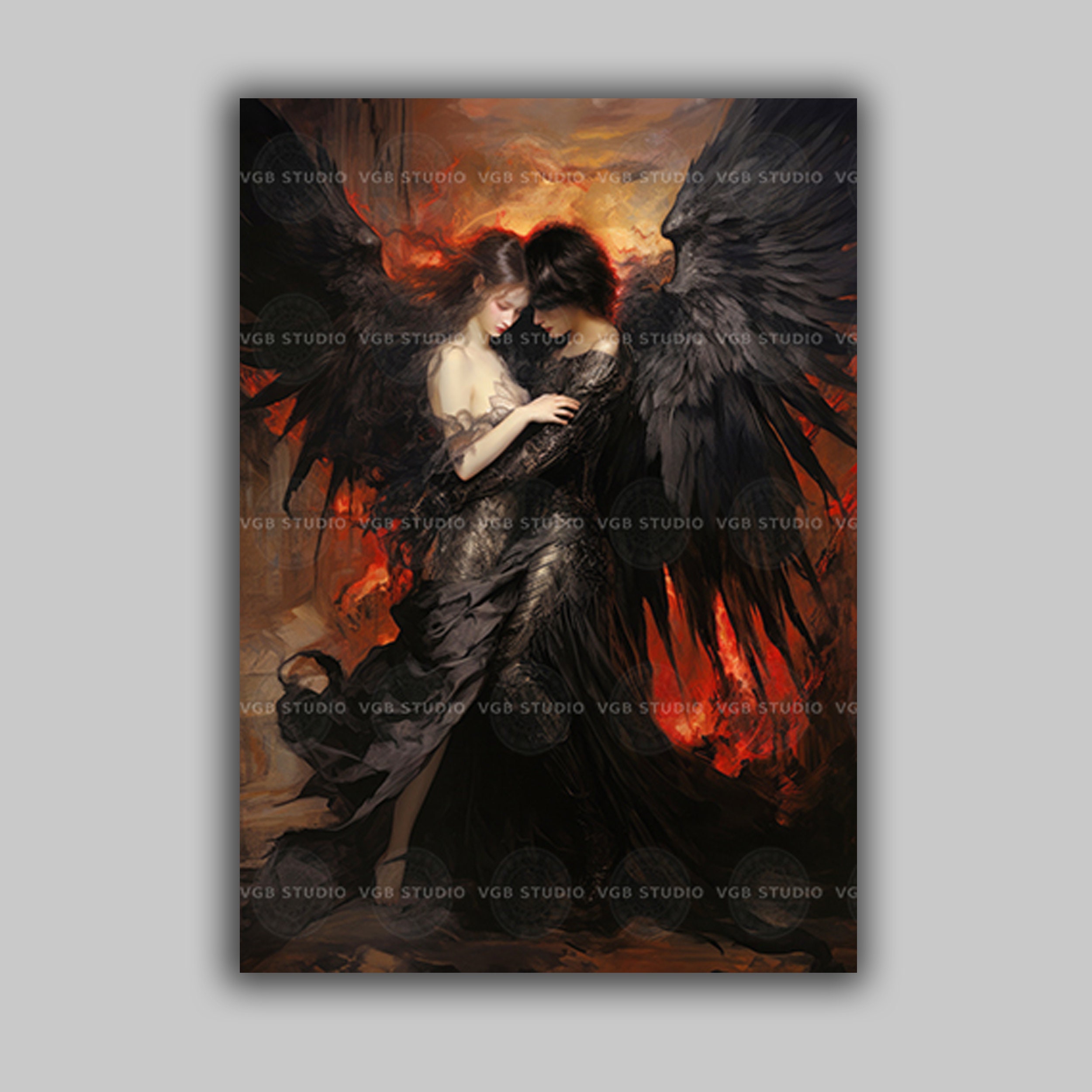 Dark Angel Love Art Gothic Fantasy Romance Print Fallen Angels Embrace Black Wings Lovers Poster Infernal Passion Wall Decor Moody Flame g73