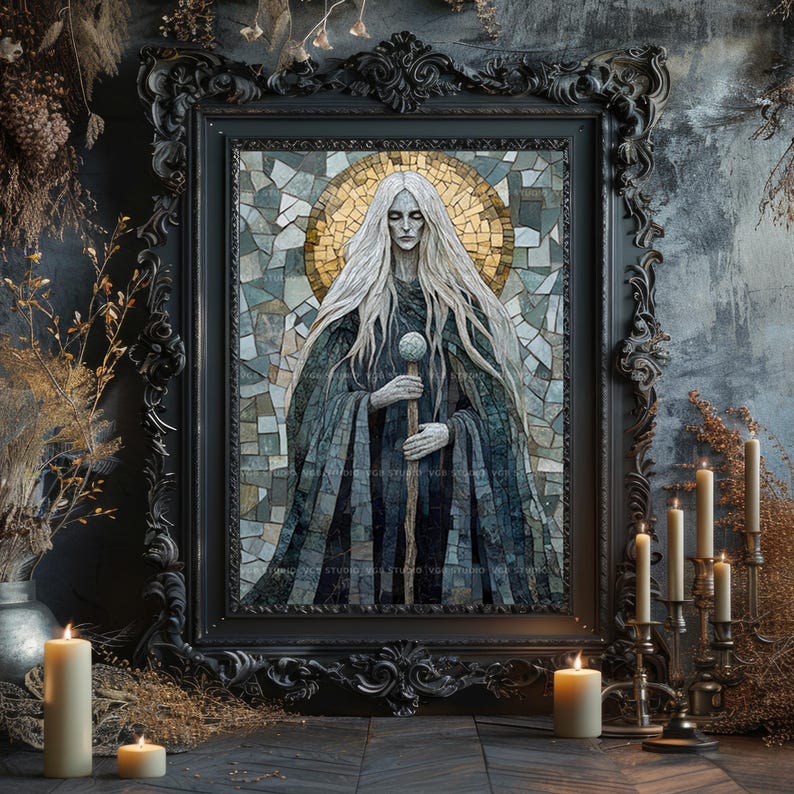 May include: A framed mosaic artwork depicting a figure with long white hair, a staff, and a halo. The artwork is in a black ornate frame, with lit candles and dried plants in the foreground. The mosaic has a cool color palette of blues, greens, and golds.