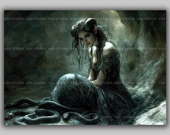 Lilith donkere godin kunstafdruk | Gehoornde demon met slangenschilderij | Gotisch vrouwelijk wanddecor | Occulte mythologie heidens altaarcadeau AF38