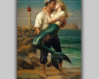 Mermaid and Sailor Kiss Art Print, Teal Tail Siren in His Arms by a Red Lighthouse, Classical Ocean Romance Nautical Decor AF82