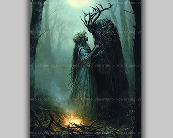 Beltane May Queen and Horned God Art Print Pagan Wheel of Year Forest Ritual Celtic Witch Decor Goddess Illustration Wiccan Sabbat AG26