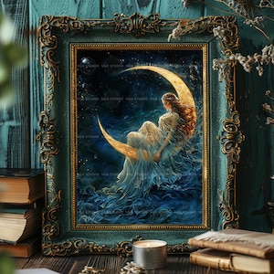 Selene maan godin Wall Art Print wassende maan hemelse decor Griekse mythologie poster goddelijke vrouwelijke spirituele kunst Dark Academia Lunar 23 afbeelding 4