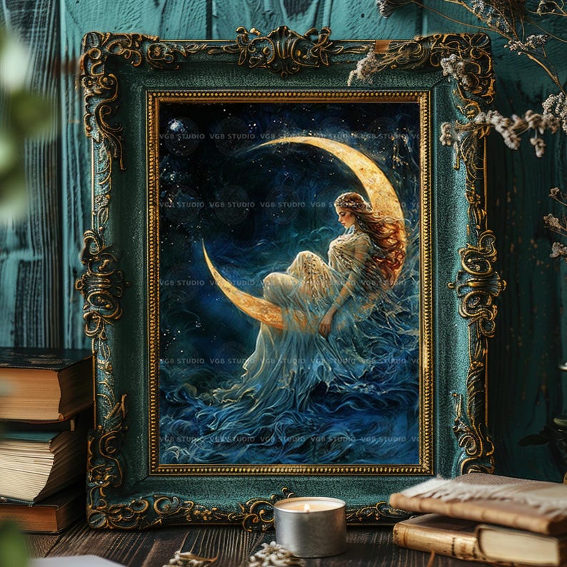 Selene maan godin Wall Art Print wassende maan hemelse decor Griekse mythologie poster goddelijke vrouwelijke spirituele kunst Dark Academia Lunar 23 afbeelding 4