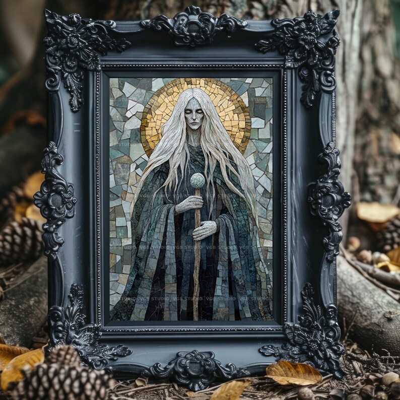 May include: A framed mosaic art piece featuring a figure with long white hair, wearing a dark cloak, and holding a staff with a sphere. The artwork is set against a gold halo and mosaic background, framed in a black ornate frame.