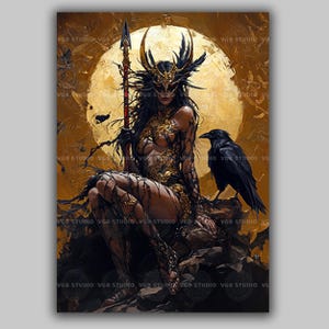 May include: An artistic print shows a woman in gold armour and a feathered headdress, holding a spear. A black raven sits nearby against a golden background. The artwork has a fantasy theme.