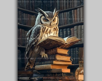 Uil leesboek Art Print grillige bibliotheek dier decor wijze uil illustratie donkere academische stijl leesgrage bos schepsel muur kunst AH65