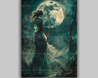 Artemis Art Print Moon Goddess Greek Mythology Archer Woman Celestial Forest Fantasy Wall Art Divine Feminine Night Hunter Decor L62