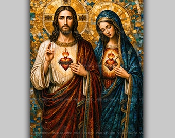 Sacred Heart  of Jesus Christian Wall Art Print, Immaculate Virgin Mary Painting, Catholic Home Decor, Gold Mosaic Religious Icon AN98