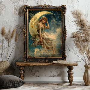 Moon Fairy Art Print Celestial Fantasy Woman Sitting on Crescent With ...