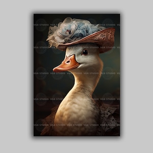 Victorian Goose Art Print Whimsical Animal Portrait Vintage Style Duck Wall Decor Elegant Bird Wearing Hat Blue Floral Home Gallery Gift k77