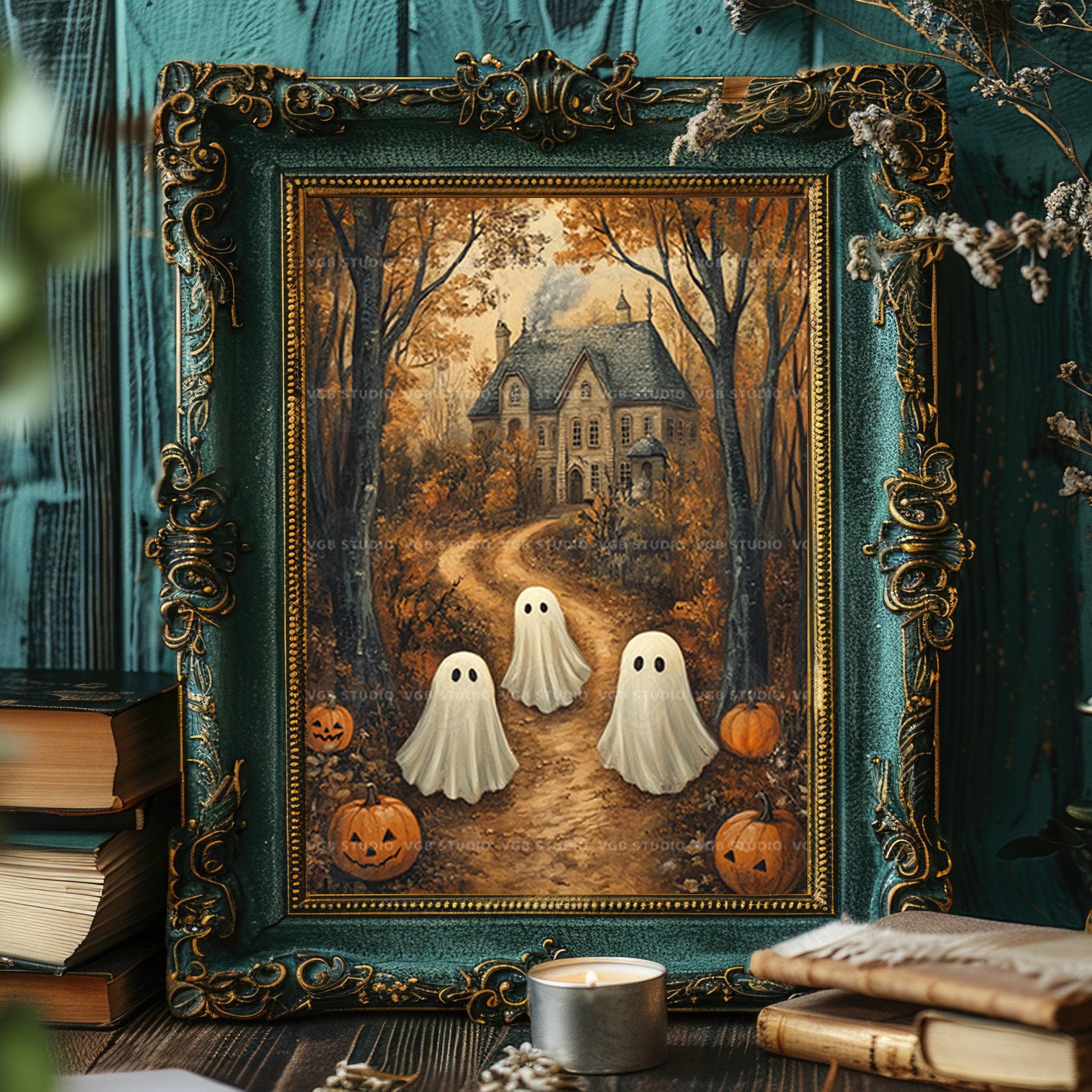 Cute Halloween Ghost Art Print With Pumpkins Fall Haunted House Wall ...