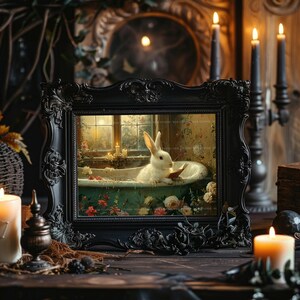 Whimsical Bunny Art Print Rabbit in Bathtub Reading Vintage Cottagecore Bathroom Decor Cozy Animal Illustration Floral Pastel Wall Art S06 image 2