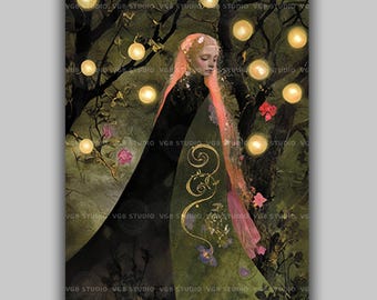 Blodeuwedd Celtic Goddess Art Print Welsh Mythology Flower Maiden Painting Enchanted Forest Wall Decor Pagan Feminine Magical Gift AJ49