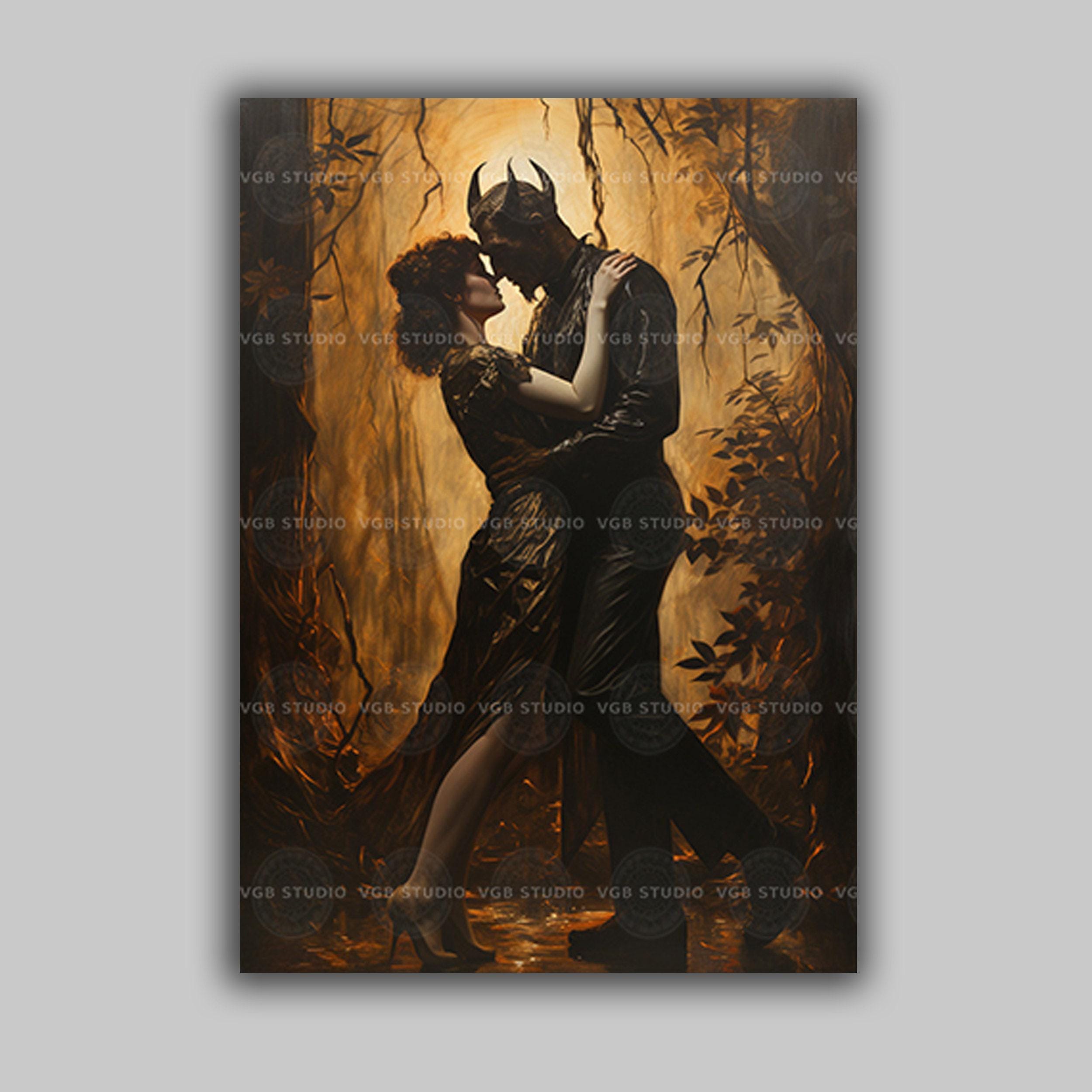 Gothic Demon Romance Print Dark Forest Lovers Art Sensual Fantasy Couple Illustration Erotic Horned Creature Kiss Moody Myth Decor G27