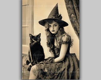 Vintage Witch With Black Cat Wall Art Print, Gothic Halloween Decor, Dark Academia Portrait, Witchy  Victorian Style Cat Lover Gift u27