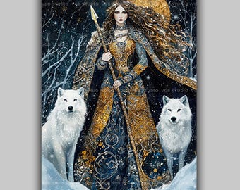Norse Winter Goddess Skadi Art Print Snow Huntress Wall Decor Nordic Mythology Ski Goddess Wolves Moon Fantasy Pagan Artwork AL26