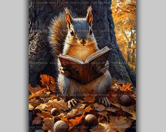 Reading Squirrel Autumn Woodland Animal Wall Art Print, Whimsical Book Lover Forest Creature Illustration Cozy Fall Nature Decor AL09