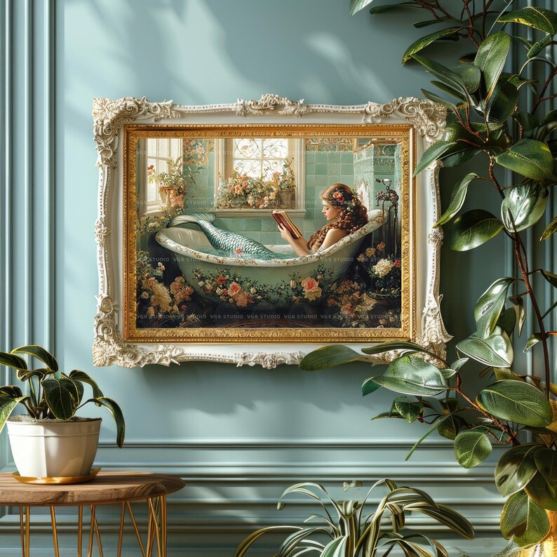 Mermaid Reading in Floral Bathtub Wall Art Print Vintage Bathroom Decor, Cottagecore Fantasy Book Lover Gift Whimsical Siren Horizontal y81 image 6