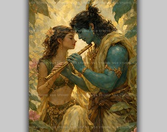 Radha Krishna Wall Art Print, Hindu Deity Love Portrait, Indian Mythology Artwork, Krishna Flute Painting, Spiritual Romantic Decor AK43