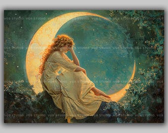 Woman on Crescent Moon Art Print | Celestial Fantasy Wall Decor | Stars Night Sky Dreamy Romantic Victorian Classical Ethereal Painting M75